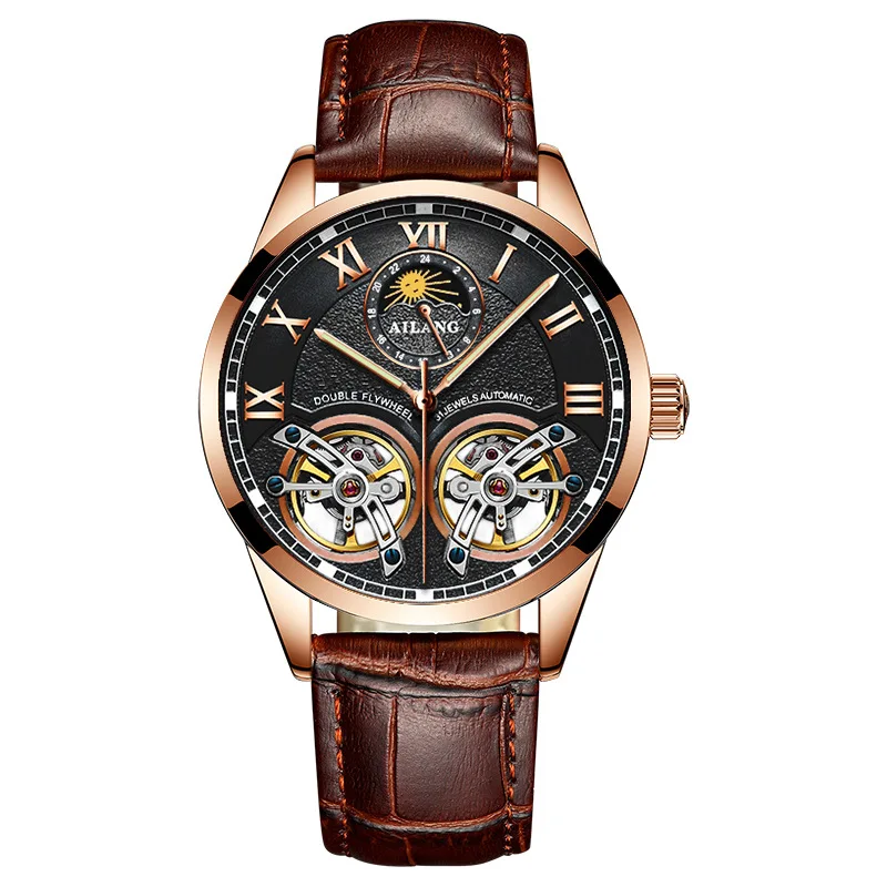 AILANG Fashion Double Tourbillon Mechanical Watch Men  Rose  Case Leather Waterp - £151.09 GBP