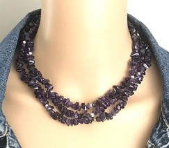 Vintage Three Strand Purple Amethyst Chip Toggle Clasp Necklace - £14.01 GBP