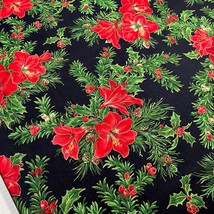 Christmas Lily Amaryllis Pine Holly Fabric Joan Messmore VIP Cotton By the Yard - £8.76 GBP