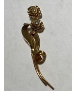 Coro Signed Brooch Floral Gold Tone Faux Pearl Costume Jewelry Pin 3” Long - $27.06 CAD
