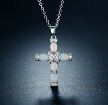 Easter Cross Necklace Opal Gemstone White Gold Rhinestone Religious Jewelry  - £21.03 GBP