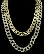 Icy 2pc Set 20&quot; 24&quot; Cuban Link Chains 14k Gold Plated Hip Hop CZ Necklaces - £26.64 GBP