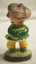 Whimsical Vntage Chinese Asian Figurine Ceramic Straw Hat Green Yellow Shelf MCM - £29.20 GBP