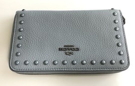NWT COACH Pale Blue Leather Medium Zip Around Wallet with Lacquer Rivets 12172 - £77.16 GBP