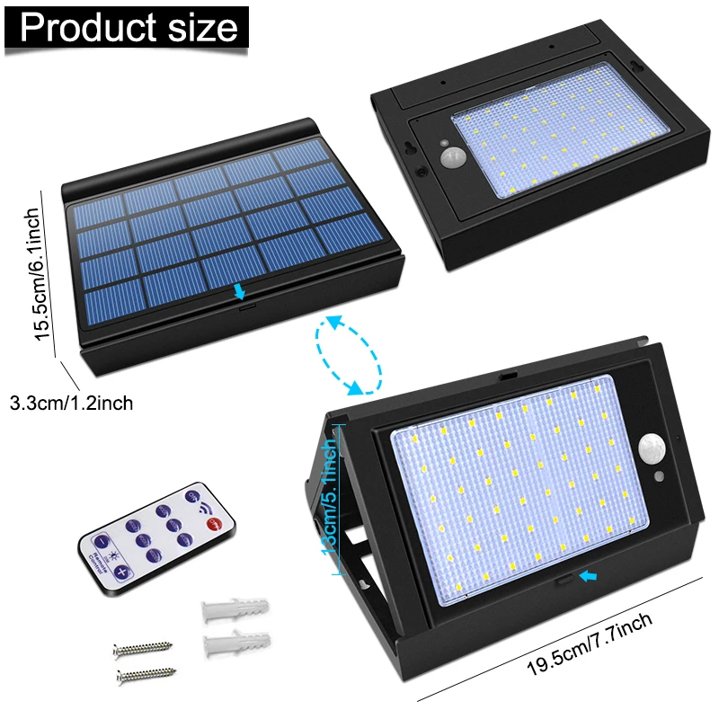 48led Foldable Solar Light Adjustable Lightness With Remote Security Solar Wall  - £149.42 GBP