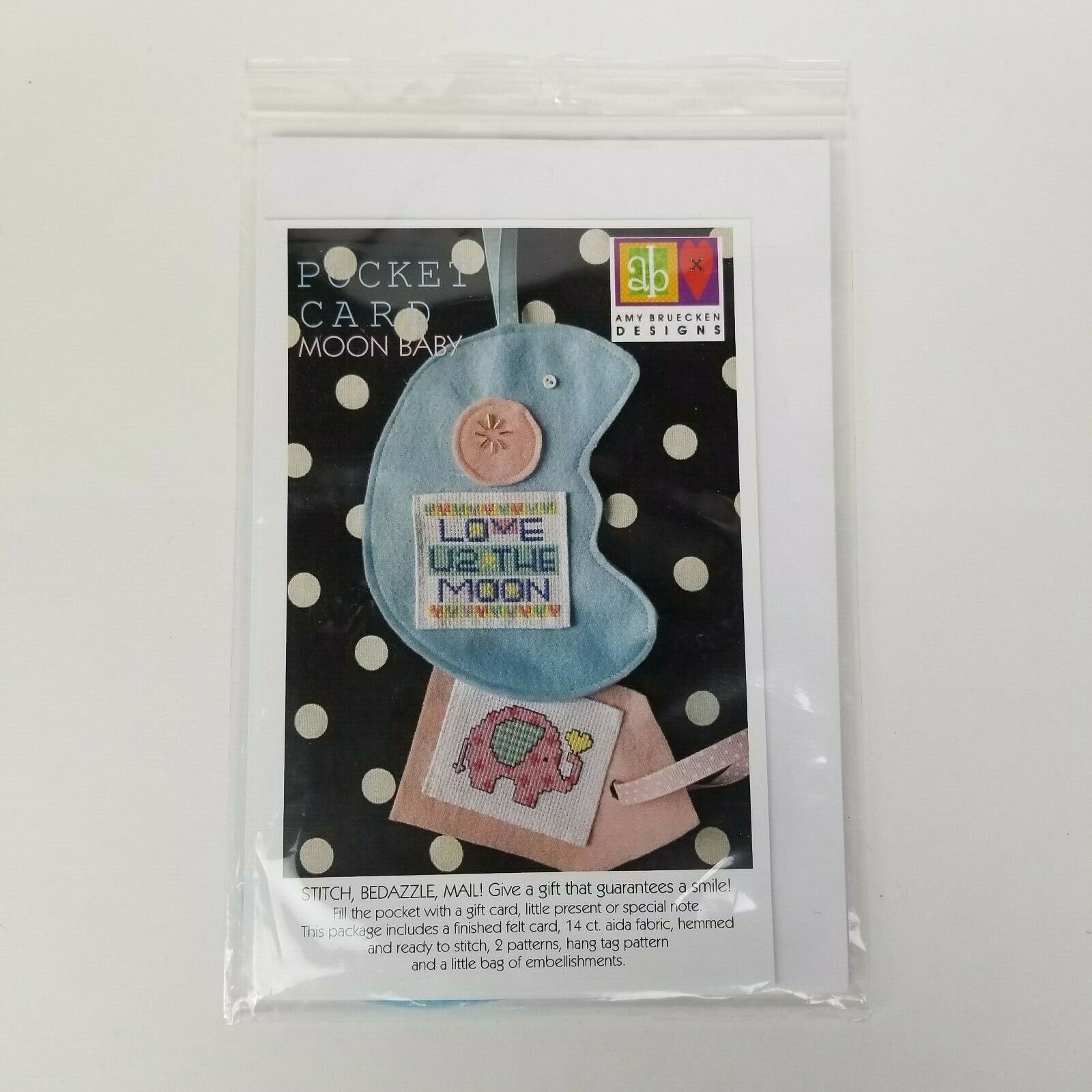 Pocket Card Moon Baby w/  Aida, Felt Piece, Embellishments  Amy Bruecken Designs - $11.88