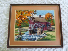 Framed/Matted CREWEL EMBROIDERED WATER WHEEL SCENE WALL HANGING - 23.5&quot; ... - £46.15 GBP