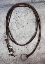 Silver Skull Brown Suede Leather Beaded Lariat Necklace Handmade Boho  - £19.54 GBP