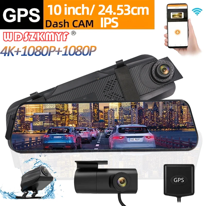 GPS Car DVR 3 Lens WIFI 4K Dash Cam for Cars 10Inch Video Recorder Rear View - £54.48 GBP+