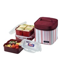 Lock &amp; Lock Square Lunch Box 3-Piece Set with Insulated Stripe Bag, Purple - £39.55 GBP