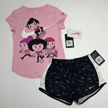 Nike Girls Tee Shirt &amp; Dri-Fit Swooshfetti Tempo Shorts Set Outfit Pink ... - £20.73 GBP