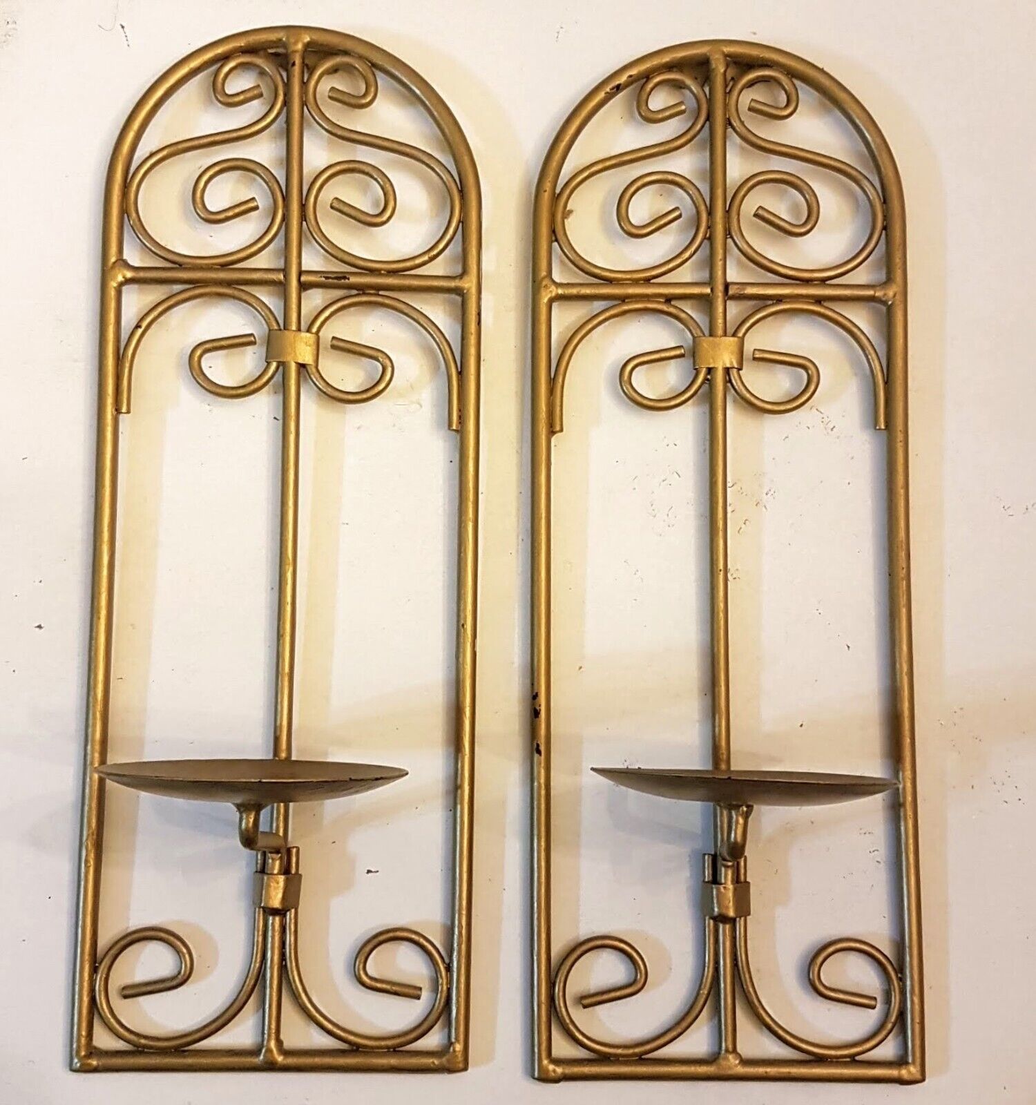Primary image for Metal Wall Sconce LOT of 2 Matte Gold tone Scroll Work Candle Holder Home Decor