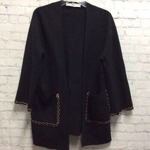 Zara Knit Womens Jacket Coat Solid Black Open Front Gold Chain Trim Pockets S - £12.30 GBP