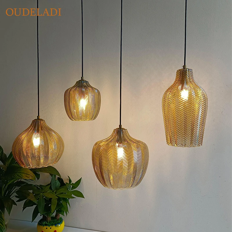 Nordic Pendant Lights Amber Glass Hanging Lamp Kitchen Light Fixtures E27 - $69.73+