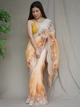 Pure Organza Saree Handwork and Sequins Cut work Border, Indian Traditional Cock - £97.36 GBP