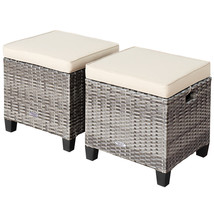 2Pcs Patio Rattan Cushioned Ottoman Seat Foot Rest Table Beige - £121.11 GBP