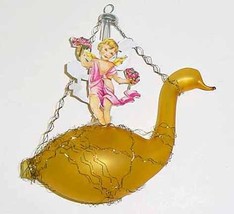 Vintage Wire Wrapped Glass Swan &amp; Die-Cut Angel Christmas Ornament - W. Germany - £32.47 GBP