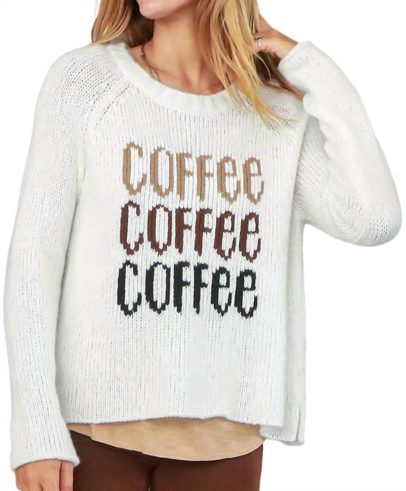 Wooden Ships coffee raglan crew sweater in WHITE