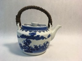 Antique Hand-Painted Japanese Blue Ceramic Tea Pot w Lid and Wicker Handle - $37.86
