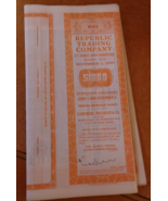 1938 Republic Trading Company $1000 5% Serial Gold Debenture w Coupons #M661 VG