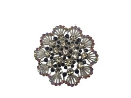 Vintage Round Open Work Flower w Rhinestones Pin Brooch Silver Tone - $8.90