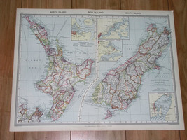 1908 Antique Map Of New Zealand / Auckland Otago Harbour Wellington Inset Maps - £31.74 GBP