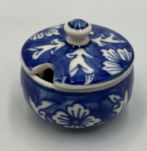 Small Condiment Pot Lidded Mustard Jar With Lid Blue Flower - $15.29