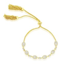 Round &amp; Marquise CZ Adjustable Bolo Tassel Bracelet - Gold Plated - £63.85 GBP