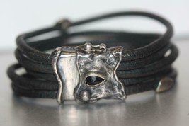 Vintage Illana Goor 925 Sterling Silver Onyx Stone Leather Multi Strap Bracelet - £261.54 GBP