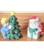 Santa &amp; Christmas Tree W/ Peeking Child Sweet Salt &amp; Pepper Shaker Set S... - $11.66