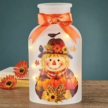 Lighted Fall Halloween Scarecrow Frosted Glass Mason Jar Lamp w/ Bow - £55.54 GBP