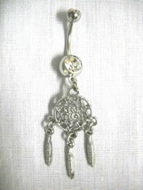 Native Dream Spirit Web Dream Catcher 3 Feather On Clear 14g Cz Belly Ring Bar - £4.77 GBP