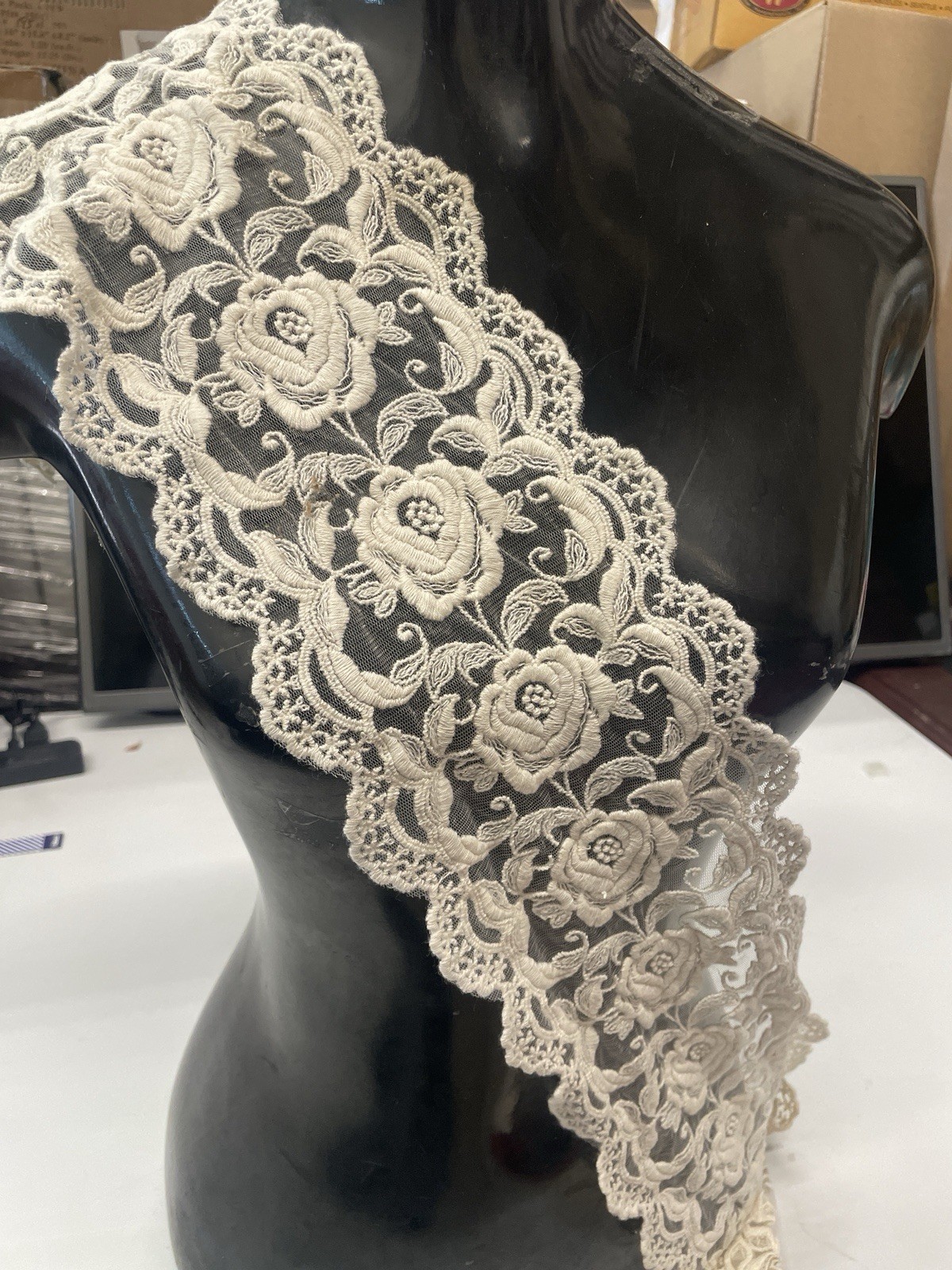 Vintage Embroidered Rose Flower Double Scalloped Lace Tulle Trim 5.5” Pe... - $2.89
