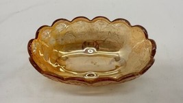 Oval 5.5” Marigold Carnival Glass Candy Dish Iridescent Footed Ornate - £11.70 GBP