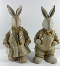 Lot 2 Boy Girl Glazed Ceramic Easter Bunny Farmhouse Country Rabbits Figurines - £27.68 GBP