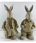Lot 2 Boy Girl Glazed Ceramic Easter Bunny Farmhouse Country Rabbits Fig... - $47.37 CAD