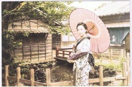 Postcard Japan Lady In Kimono With Umbrella On Bridge - $4.94