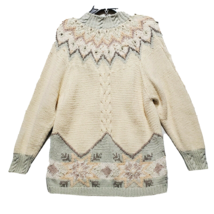 Vtg Hand Knit Sweater Cotton M PETITE Fair Isle Tunic Cottagecore Jeanne Pierre - £34.81 GBP