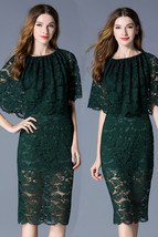 Unomatch Women Loose Sleeves Round Neck Lace Decorated Dress Dark Green - £29.56 GBP