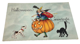 Halloween Postcard 1915 Antique Witch, Broom, Jack-O-Lantern, Black Cat - $38.00