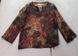 Chico&#39;s Blouse Top Women&#39;s Size 0 Brown Multi Floral Sheer Silk Drawstring Hem - £17.78 GBP