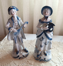 Victorian Colonial Man Woman Figurines Mandolin Harp Blue White Music 8&quot; Tall - £33.10 GBP
