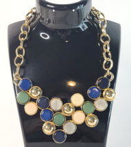 Loft Gold &amp; Multi Blue, Black, Cream, Green Bib Necklace 16&quot; - $11.29