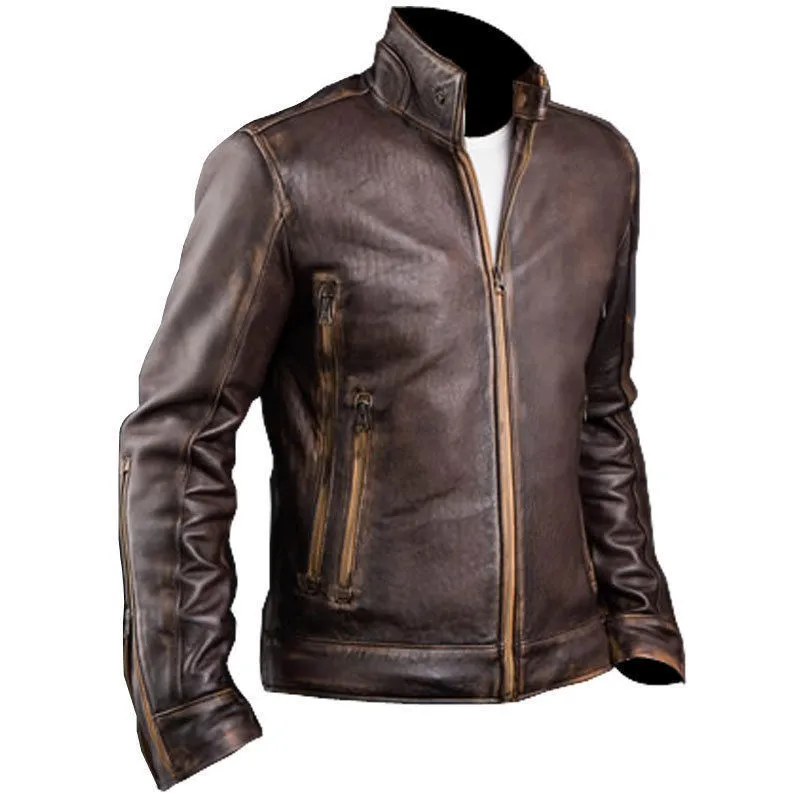 Men Stylish Café Racer Biker Brown Distressed Genuine Motorcycle Leather... - $170.00