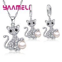 Fine CZ Stone Cat Design Pendant Necklace Earrings Party Gifts 925 Silver Austri - £17.81 GBP