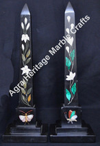 12&quot; Pair of Black Marble Obelisks Pietra Dura Inlaid Marquetry Floral Arts - $1,806.70