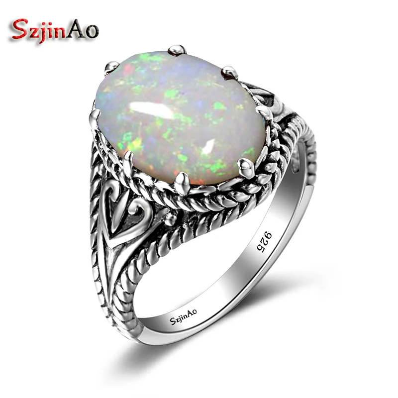 Szjinao Trendy Oval Egg Opal Ring 925  Silver Women Jewelry Gemstone Blue Fire H - $55.38