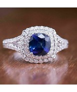 Lab Created 2.45Ct Blue Sapphire 925 Sterling Silver Halo Engagement Rin... - £94.39 GBP