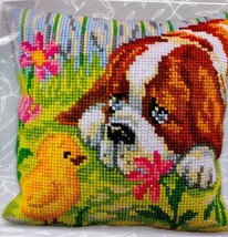 DIY Collection D&#39;Art Puppy Dog Chick Cross Stitch Needlepoint 16&quot; Pillow Top Kit - £32.38 GBP