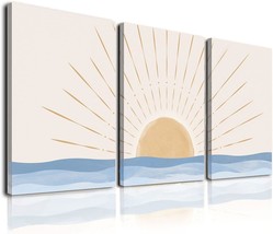 Boho Wall Art Set of 3 Neutral Geometric Sun Rising on the Sea Minimalist Art Fr - £43.72 GBP